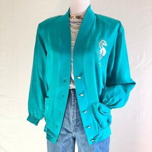Vintage 80s Sail Away Royal Cruise Line Silk Blazer Turquoise Nautical Size S